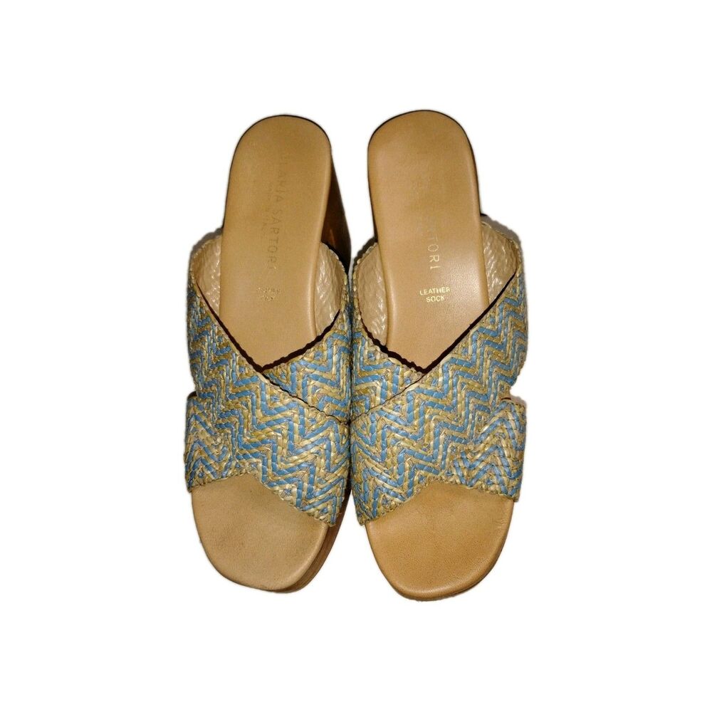 Illaria Sarton Woven Clog Sandals Wooden Heels Size 41 Euro 9.5 US Blue Gold.